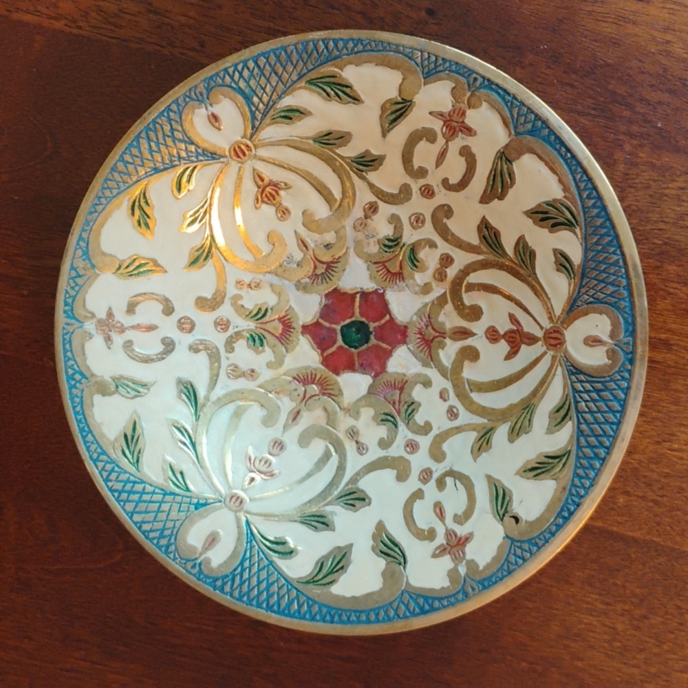 Vintage Enameled Brass Bowl Floral Red, Green, Yellow India 7.25" Wide